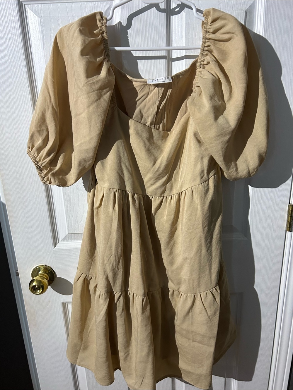 Ganni Puff Sleeve Tiered Mini Dress in Beige